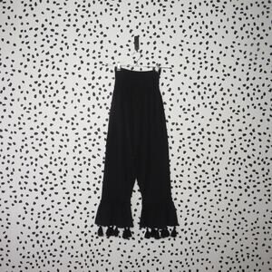 Sensi Studio Black Tassel Hem Boho Flared High Waist Pants